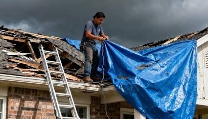 Rapid emergency tarping halts interior water damage during severe storms, AI generated